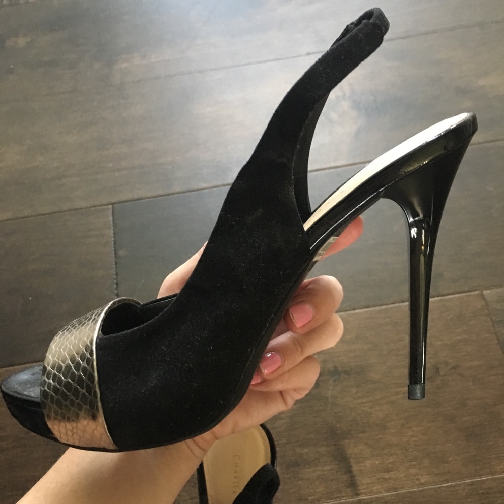 Charles & Keith black suede and snake print heel